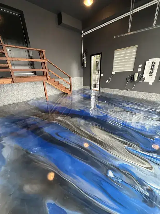 Blue, white and grey metallic epoxy garage floor in South Surrey